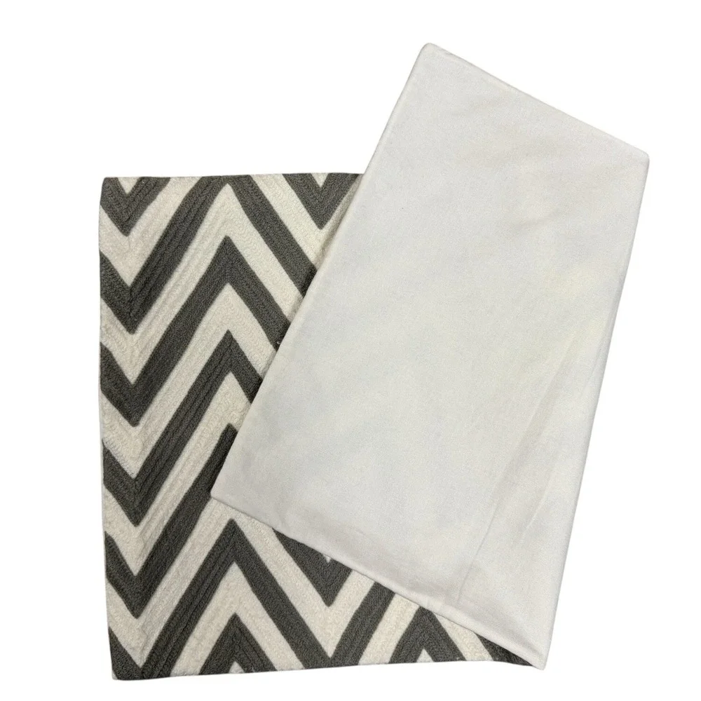 Pottery Barn Chevron‎ Lumbar Pillow Cover Gray White 16x26 Embroidered EUC